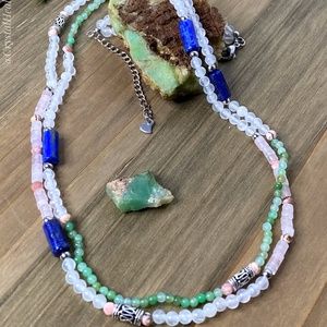 Selenite Chrysoprase Lapis Lazuli Necklace 925 Sterling Silver